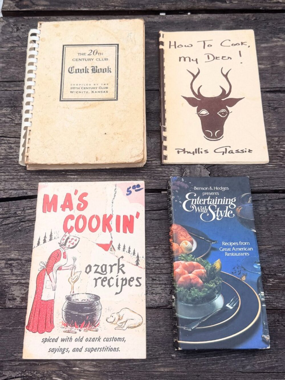 Lot of 4 Vintage Cookbooks Ozark Recipes 20th Century Club Benson & Hedges Deer